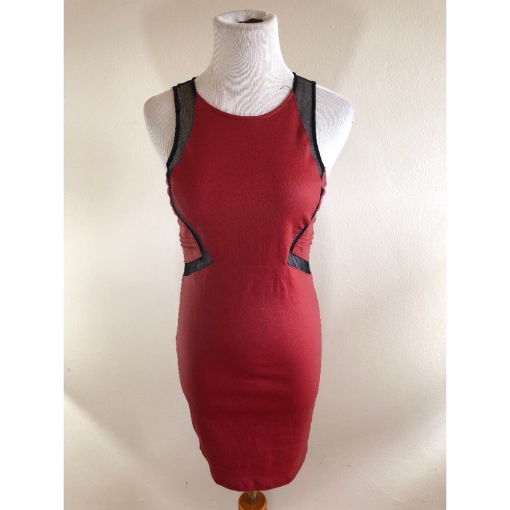 Red Vegan Leather Mesh Blackout Dress